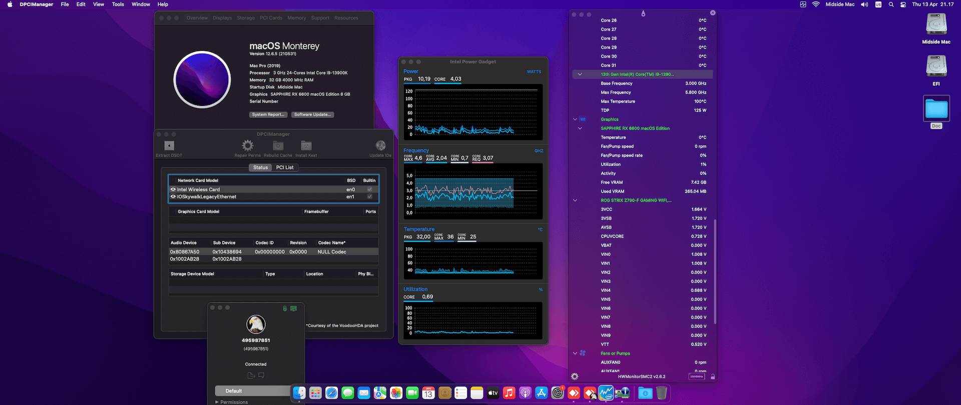 Success Hackintosh macOS Monterey 12.6.5 Build 21G531 in Asus ROG Strix Z790-F Gaming Wifi + Intel Core i9 13900K + Sapphire RX 6600